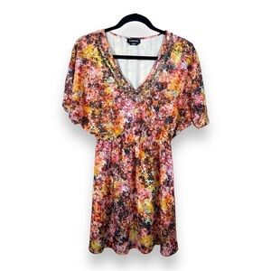 XXS BEBE COLORFUL FLORAL DRESS BEADED NECKLINE V NECK BOHO BOHEMIAN LINED SHORT